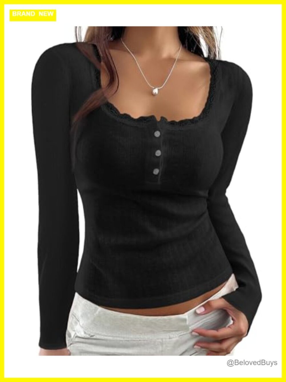 Women Long Sleeve Lace Pointelle Crop Top Button Henley Scoop Neck Slim Fit